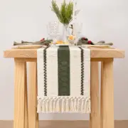 Macrame Table Runner 12 x 90 12" x 90", Beige & Olive Green