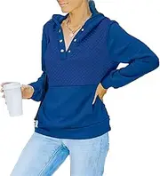 [DGKaxiyaHM] Women Retro V-Neck Button-Up Hoodie Sweatshirt Vintage Drawstring Solid Pullover Top Distressed Fashion Fit Tunic