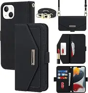 [Cavor] Crossbody Wallet Case for iPhone 13 Case (6.1") Flip Cover Magnetic Leather Women Handbag Card Slots Holder Zipper Kickstand Purse with Detachable Shoulder Necklace Lanyard Strap-Black