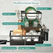 3-tier stainless steel dish drainer with drip tray, black draining tray with wine glass holder, removable cutlery rack for organising the kitchenr