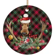Funny Airedale Terrier Dog With Deer Anlters Plaid Pattern Ornament Gift Decor