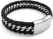 [KONOV] Jewellery Mens Leather Stainless Steel Bracelet, Wide Cuff Bangle, Black Silver
