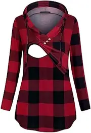 [connche] Women's Long Sleeve Plaid Colorblock Nursing Pullover Hoodie Sweatshirts