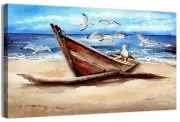 Bathroom Wall Art Coastal Decor Nautical Boat on Beach Canvas Picture Ocean S...