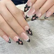 Calkkrer Pack of 24 Black Pearls Almond Press On Nails, Artificial Nails for Sticking, French Fake Nails, False Nails for Gluing, False Nails in Plain Design