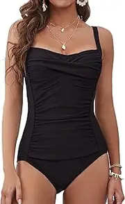 [TEMKIN] Women's Ruched One Piece Swimsuit Tummy Control Swimming Costume for Women Adjustable Strap Swimwear