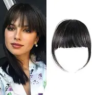 Natural Real Human Hair Flat Bangs/Fringe Hand Tied MiNi Hair Bangs Fashion Clip-in Hair Extension (Flat Bangs with Temples,Black Brown Colour)