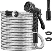 Aumerage 100FT（30M） Stainless Steel Garden Hose - Heavy Duty No-Kink Metal Water Hose with 7-Function Nozzle, Lightweight & Flexible for Yard/Lawn/RV, Corrosion-Resistant Outdoor Hose