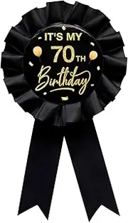 It's My 70th Birthday Tinplate Badge Pin Black Satin Fabric 70 Year Old Birthday Themed Button Pin Party Decorations Award Ribbon Badge, 70, Plastic, no gemstone