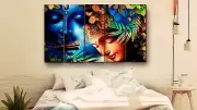 Lord Krishna with Peacock Wall Art Painting Multicolour Religious 44 x 30 inch