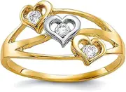 [JewelryWeb] 10k Yellow Gold Solid Polished and Rhodium Triple Love Heart CZ Simulated Diamond Ring Size 6.00 Statement-Ring for Women