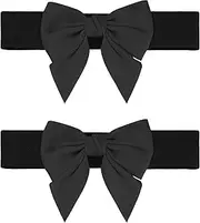 [Elerevyo] Women's 2Pcs Elastic Wide Belt Dress Bowknot Waistband Decoration Fashion Versatile Belts Black+Black 70x5.8cm/27.6x2.3"