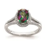 Solid 14k White Gold Mystic Fire Simulated CZ Halo Complete Engagement Ring