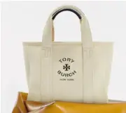 TORY BURCH Mini Mercer Tote Hand Bag Purse Ivory Cotton Canvas Black Tory Logo