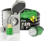 RVINGPRO 50 Amp 15 Foot Generator Cord Kit and Power Inlet Box, Pre-Drilled, NEMA 14-50P to SS2-50R, ETL Listed, Green