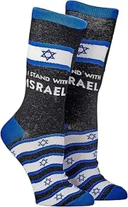 [Rite Lite] Israel Socks I Stand With Israel Am Yisrael Chai Adult Crew Socks Star of David Fits Shoe Size 8-12 Jewish Clothing Accessories Support Israel Gifts, Black, Blue & White