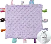 CREVENT Tag Security Blankets for Babies, Soft Small Loveys for Girls, Baby Comforter Sensory Blanket, Great Gifts for Birthday Baby Shower (24.5X24.5CM Purple Tag)