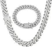 [HMCEY] Cuban Necklace and Bracelet Set - Hip Hop Punk Miami Link Chain With Diamond for Men and Women - Rock Rapper Music Streetwear