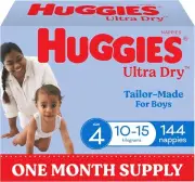 Huggies Ultra Dry Nappies Boys Size 4 (10-15Kg) 144 Count - One Month Supply (Pa