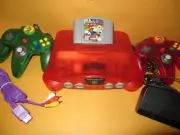 Nintendo 64 RED Console, MARIO KART 64 & 2 MARIO RED LUIGI GREEN Controllers
