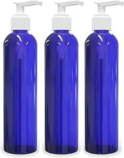 Empty Lotion Pump Bottles, 8 Oz Round, BPA-Free Refillable Plastic Containers, PETE1 Cobalt-Blue, Great for - Soap, Shampoo, Lotions, Liquid Body Soap, Creams and Massage Oil's (Pack of 3)