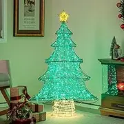 Costway 124CM Pre-lit Artificial Christmas Tree, Xmas Tree Decor with 520 LED Lights, Top Star, Weatherproof Light String, Indoor Outdoor Light-up Christmas Decoration for Garden Lawn Yard