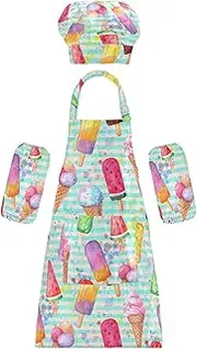 AIXIWAWA Kids Apron Chef Hat Set, Child Kitchen Bib Aprons Adjustable for Cooking Baking Painting (Multicolor Ice Cream)