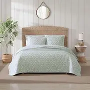 [Tommy Bahama] Twin Quilt Set, Reversible Cotton Bedding with Matching Sham, Botanical Inspired Home Decor (Pineapple Bloom Green, Twin)