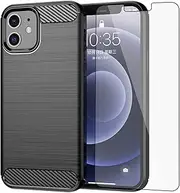 Asuwish Phone Case for iPhone 12 Mini 5.4 with Tempered Glass Screen Protector Cover and Slim Soft TPU Cell Accessories Protective iPhone12mini 5G i 12s iPhone12 12mini Women Men Carbon Fiber Black
