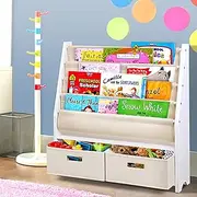 Keezi Kids Bookshelf, 4 Tiers Storage Book Shelf Bookshelves Corner Wall Toy Bookcase Rotating Display Shelves Home Living Room Bedroom Kindergarten Furniture, Safe Rounded Edges White