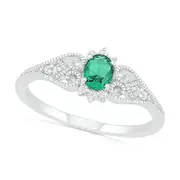 Oval Lab-Created Emerald and White Sapphire Border Filigree Heart Split Shank Antique Vintage-Style Ring in Sterling Silver