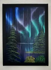 Blue Green Purple Northern Lights Night Sky Forest Oil Painting 12x16 In