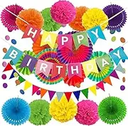 Party Decoration 21Pcs, Fiesta Paper Fan Party Decorations Set, Colorful Hanging Paper Fans, Circle Confetti Garland Swirl Streamers Honeycomb Ball, Pom Poms Flowers for Birthday, Fiesta, Baby Showers, Wedding Decorations