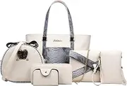 [Rullar] Women 6 Pcs Bag Set Stitching Handbag and Purse PU Top-handle Bag Tote Clutch Wallet Card Holder