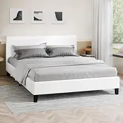ALFORDSON Bed Frame Bed Base Queen Size, Mattress Platform with Wooden Slats & Adhesive Velcro Strips, Mattress Foundation 320kg Capacity, Boucle White
