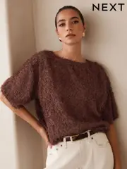 Chocolate Brown Textured Fringe Short Sleeve Crew Neck Top (AY1437) | $64