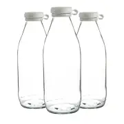 3x Glass Milk Bottles Silicone Lid Large Fridge Storage Carafe Decanter 1 Litre