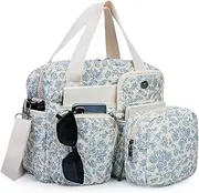[NOYINMIN] 2 PCS/Set Small Cute Floral Quilted Tote Bag with Multi-Pockets for Women, Crossbody Shoulder Everyday Handbags, Light Blue