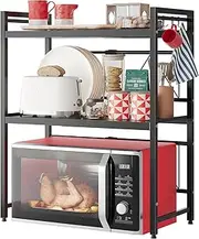 NETEL Expandable Microwave Stand,3 Tier Metal Kitchen Countertop Organizer Shelves with 8 Hooks,Bakers Rack,Microwave Shelf,Microwave Oven Rack,110lbs Weight Capacity