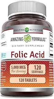 Amazing Formulas Folic Acid 5000 mcg (5 mg) 120 Tablets Supplement | Vitamin B9 | Non-GMO | Gluten Free | Made in USA