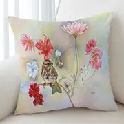 Floral Art Sparrow Bird in Cosmos Flowers Cushion Cover