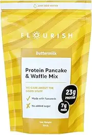 Flourish Buttermilk Protein Pancake & Waffle Mix, Whey Protein Isolate & Flax Seed, Non-GMO, No Added Sugar, Superfood, High Protein & Fiber, Just Add Water - 16oz
