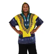 Yellow Traditional African Print Dashiki w/color designs w/Hood. Free size.