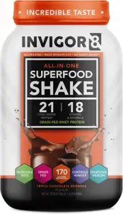 INVIGOR8 Superfood Grass Fed Whey Protein Isolate Shake Chocolate Brownie Gluten
