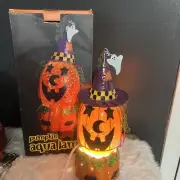 Vintage Halloween Aqua Glitter Jack O Lantern Lamp by JCPenney New In Box 14"