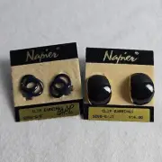 Napier Black Oval & Blue Circles Set of 2 VTG Costume Earrings Screw Clip On