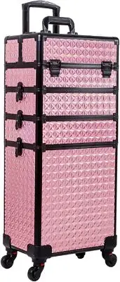 5 in 1 Professional Makeup Train Case Pink Cosmetic Case Rolling Trolley Wheels