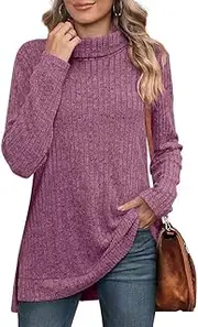 [ZPLxi] Women's Long Sleeve Tops Turtleneck Jumpers Fall Winter Vintage Sweaters 2025 Side Splits Tunic Tops