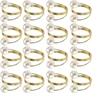 Tainrunse Birthday Party Napkin Rings Valentine Day 12/20pcs Elegant Metal Smooth Surface Foldable Scratch-Free Faux Pearl Ring Set for Theme Events Wedding Golden 20PCS