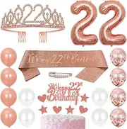 22nd Birthday Sash Princess Crown Queen Tiara Rhinestone Headbands Cake Toppers Number 22 Helium Balloons Rose Gold Latex Balloon 22 Birthday Decoration for Women 22 Year Old Birthday Party Supplies